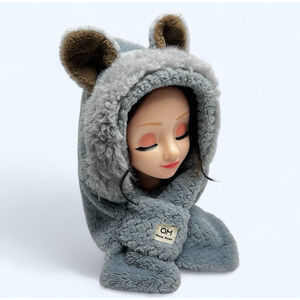 Mona Momo Winter Hooded Scarf Plush Neck Warmer With Cute Bear Ears Blue Gray